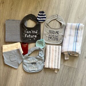 Lot of New Baby Boy Items Bibs Blankets Bottle